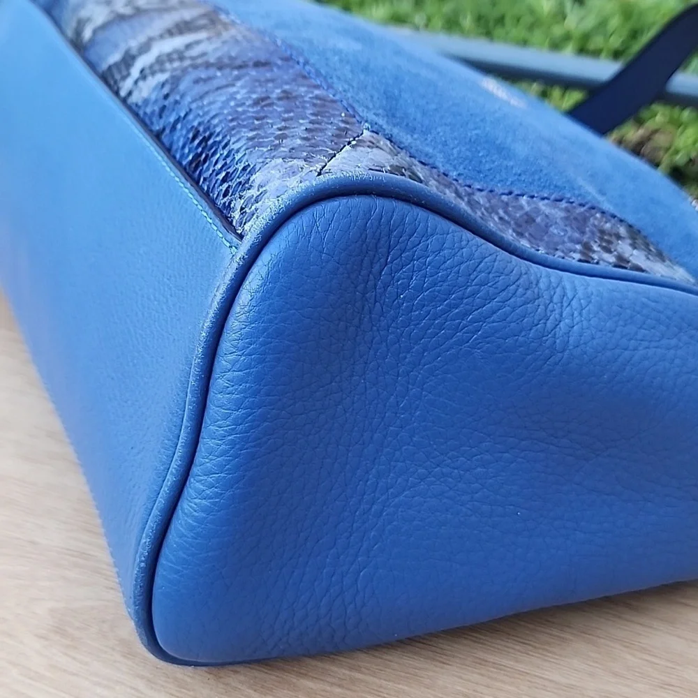 KATE SPADE blue Pebble Leather Suede Snakeskin detail top handle satchel bag